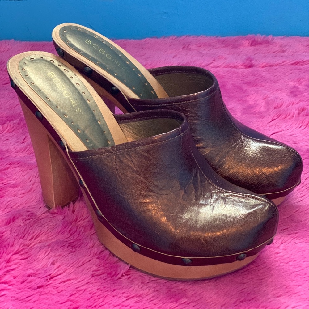 BCBGirls Dark Brown Leather Platform Clog Mules with Stud Trim